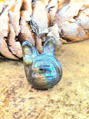 Labradorite Rabbit‑Girl Pendant • 0.9" Cute Bunny‑Ear Hat • Stone Rabbit Pendant
